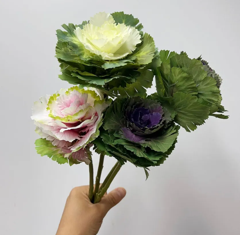 Purple and white powder 3-head high-quality simulated flowers, Korean cabbage, living room, bride bouquet, fake flowers, wedding decoration