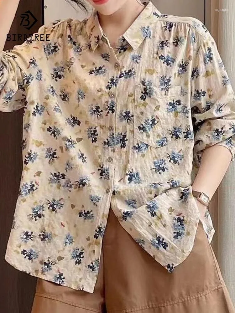 Camicette da donna Autunno Cotone Fiori frammentati Camicie Donna Colletto con bavero Top Ragazza Manica lunga Allentato Vintage Basic Primavera T39962QC