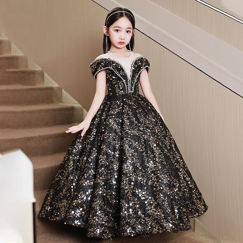 2023 schwarz gold glänzend Blumenmädchenkleider Teenager Hochzeit Kommunion Perlen Halskette Perlen Quasten Kinder Kleidung Erstkommunion Kleid Geburtstag Outfits