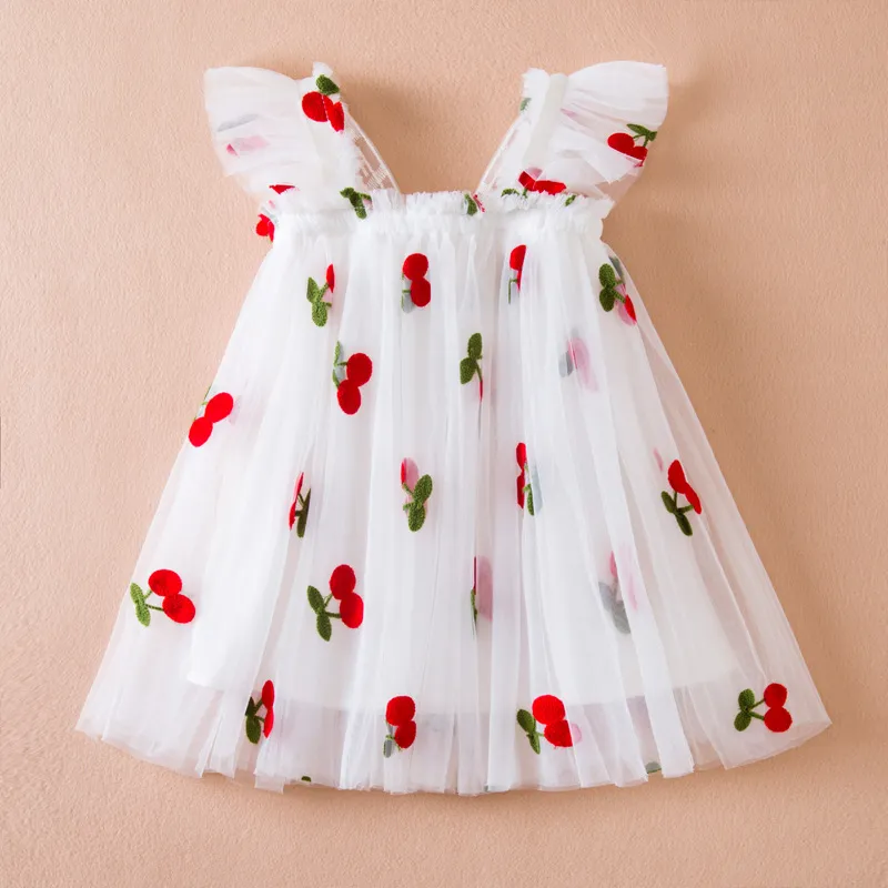 1-5 Years Summer Girls Sleeveless Dress Kids Embroidery Cherry Dresses Children Girl Costumes Butterfly Back White Tulle Dresses