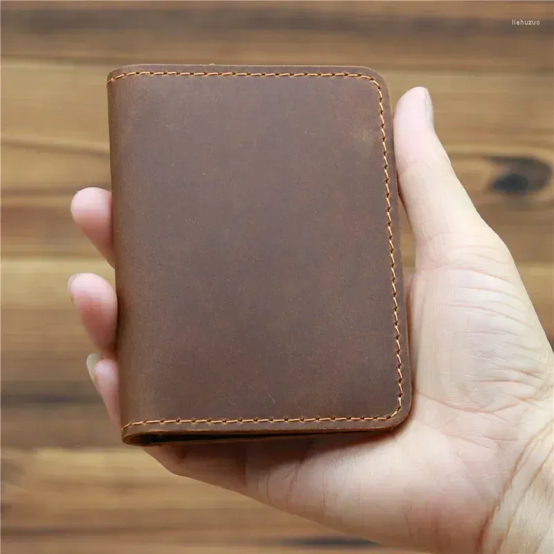 Titulaires de cartes Porte-cartes en cuir véritable Vintage Petit portefeuille S Case Slim Bifold Bourse avec fenêtre d'identification courte pour hommes