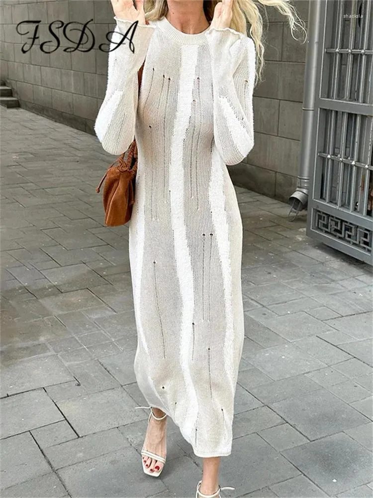 Casual Dresses FSDA Sticked Hollow Out Long Sleeve Midi Bodycon Dress Women Autumn Winter Parchwork tröja Streetwear