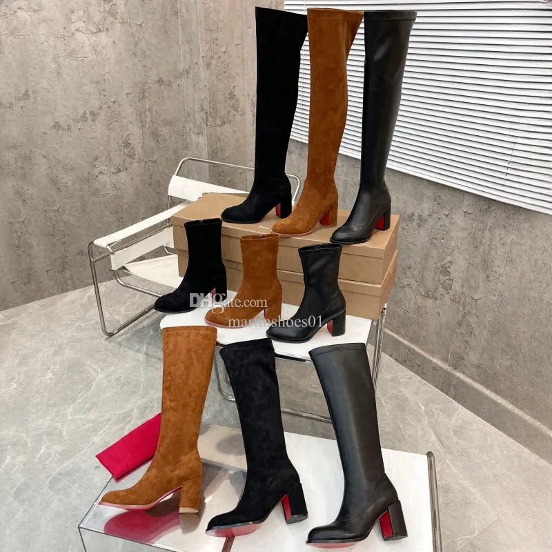 Novas botas de pele de carneiro botas de grife de luxo femininas botas de cavaleiro de moda sexy botas de salto alto de couro com zíper botas altas de coxa botas clássicas de lã vermelha