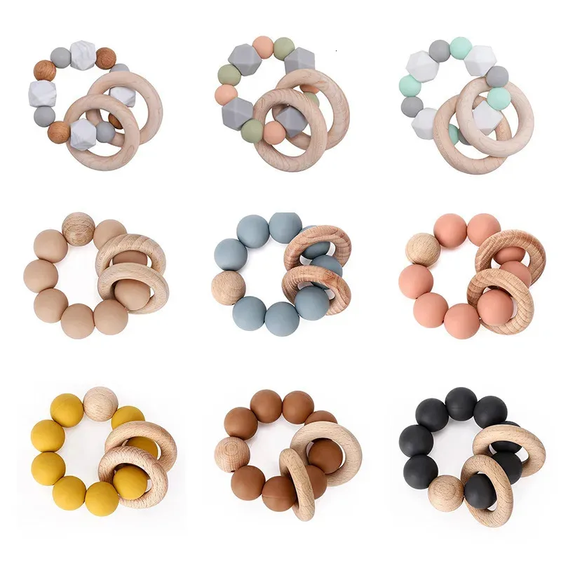 Teethers Toys Food Grade Colorful Silicone Beads Baby Teether Wooden Round Ring Molar Rattle For Nursing Teething Bracelet 231031