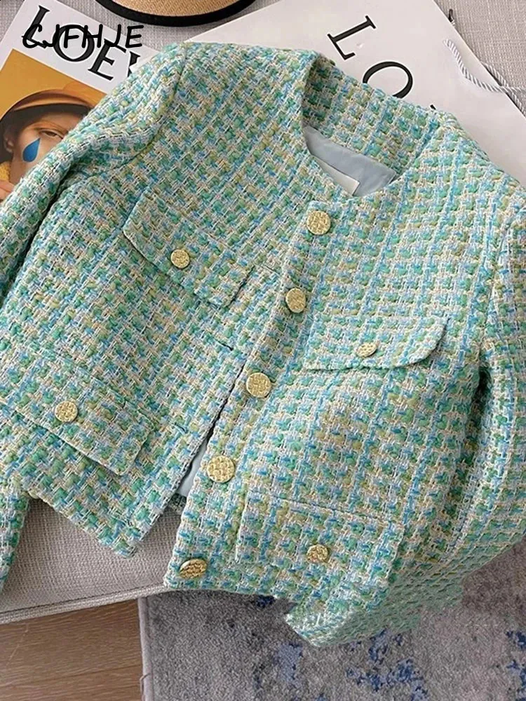 Costumes pour femmes Blazers CJFHJE élégant luxe vert Plaid Tweed veste femmes français Vintage printemps automne blazers occasionnels haute rue court costume manteau 231030