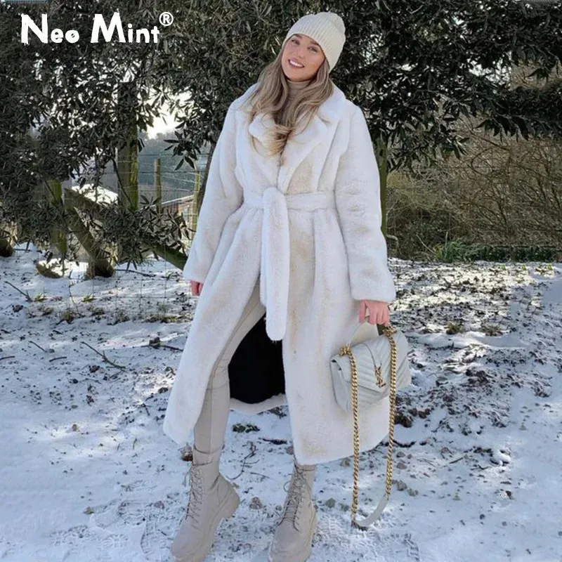 Frauen Pelz Faux Luxus Winter Lange Mäntel Frauen Übergroßen Revers Gürtel Kaninchen Mantel Jacke Weibliche Plus Größe Oberbekleidung Plüsch Mäntel 231031