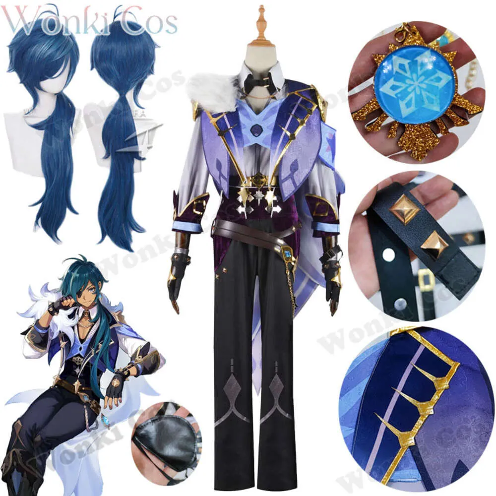 Костюм парик синий полный комплект одежды для Genshin Impact Kaeya костюмы для косплея