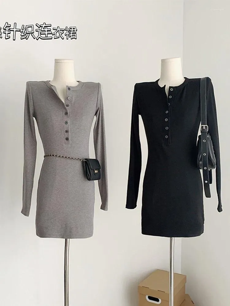 Casual Dresses Design Elegant Solid Knitted A-Line Office Lady Simple One-Piece Frocks Basic Single Breasted Coquette 2023 Autumn