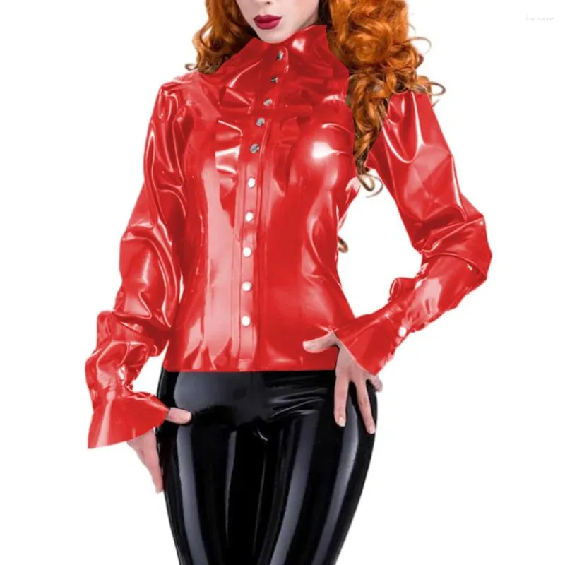 Kvinnors blusar glänsande PVC Kvinnor Sexig Turn-Down Neck Ruffle Shirt Cirkulär manschett Långa ärmar Skinny Shirts Blus Slim Tops Elegance Office