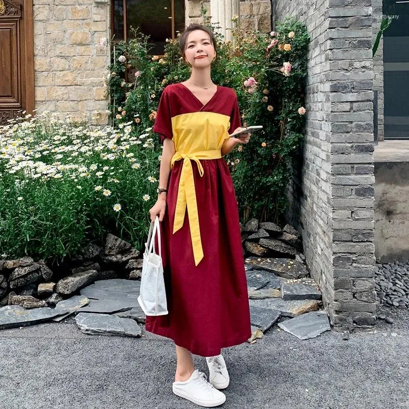 Ethnic Clothing Modern Kimono Japanese Vintage Style Splicing Yellow Bow Lacing Short Sleeve High Waist V-Neck Long Dresses Soft Thin Yukata