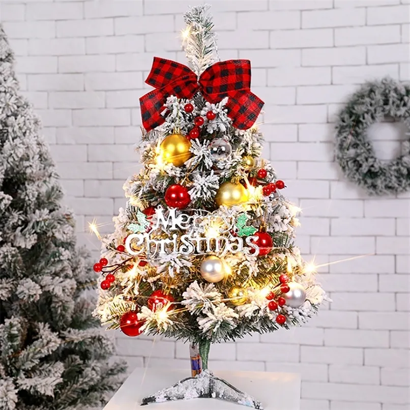 Dekoracje świąteczne stacjonarne choinka z światłem LED Flocking Artificial Xmas Tree DIY Małe dekoracje choinki Zestaw Navidad Decor 231030