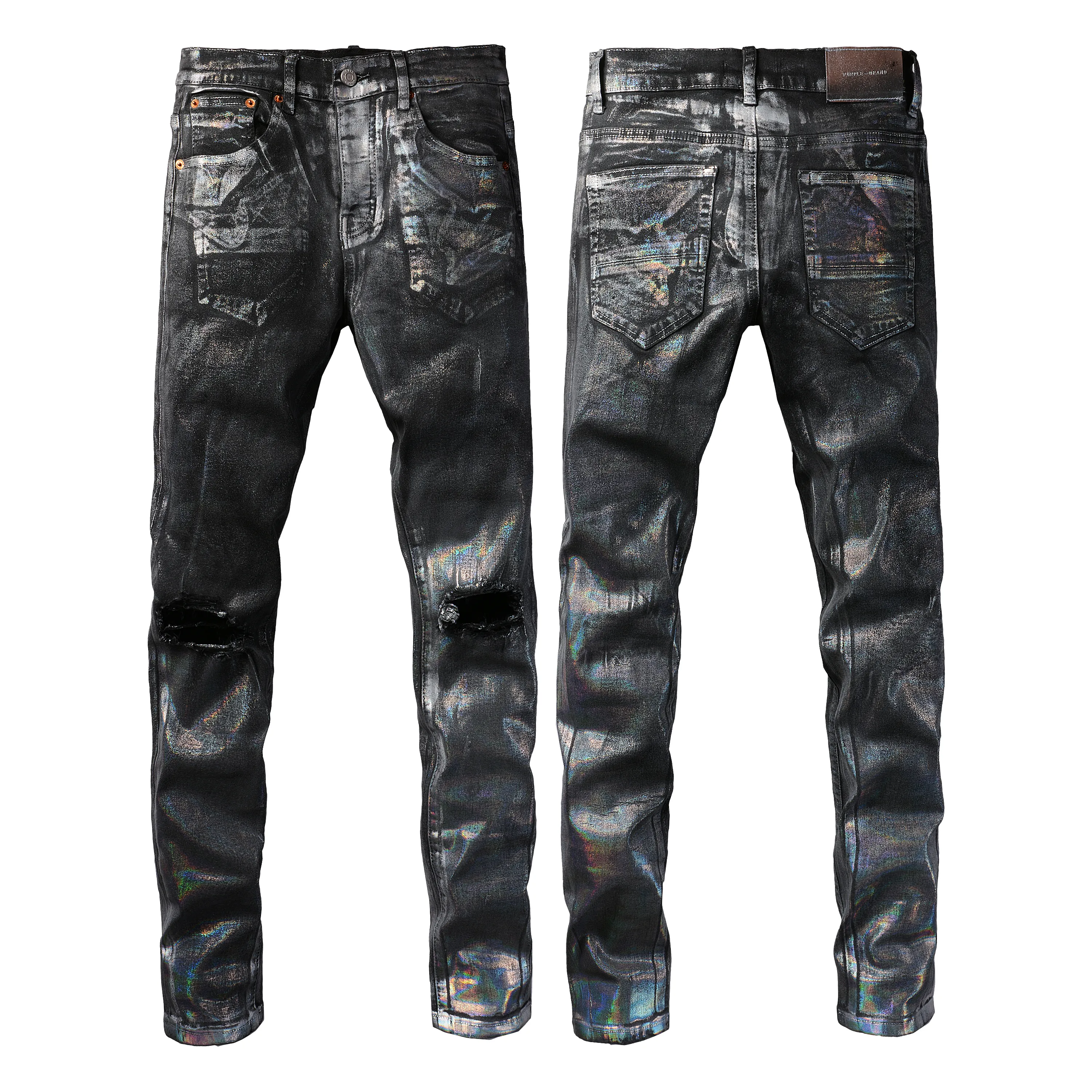 Jeans da uomo viola vestibilità regolare pantaloni distrutti effetto consumato impilati abbigliamento streetwear toppa elasticizzata denim dritto L6