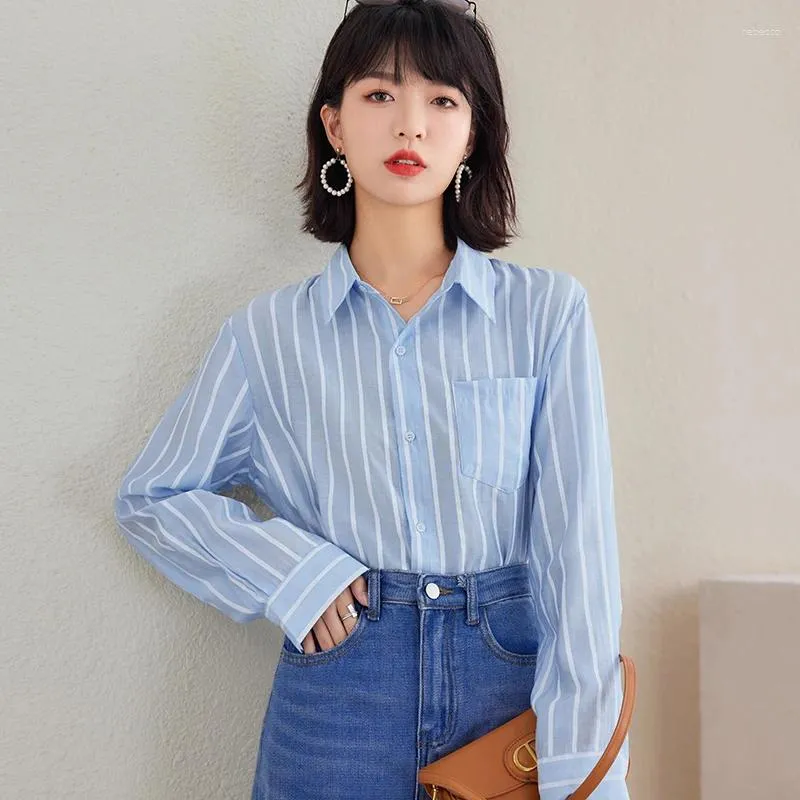 Kvinnors blusar damer koreanska mode casual stripe skjortor blus kvinnor toppar kvinna knapp upp skjorta kvinnliga flickor långärmad pya2043