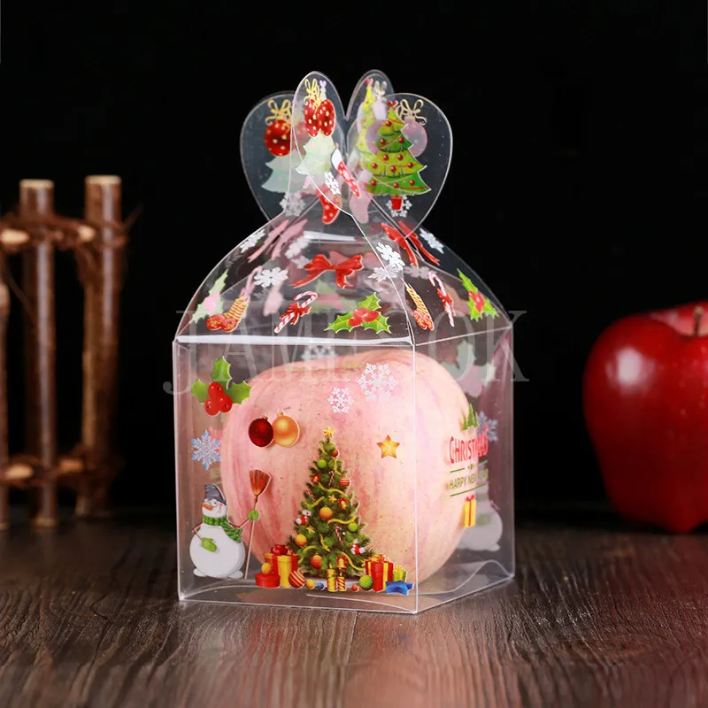 Suministros para fiestas Caja de dulces transparente de PVC Decoración navideña Cajas de papel de regalo Embalaje Santa Claus Muñeco de nieve Cajas de dulces y manzanas DE867