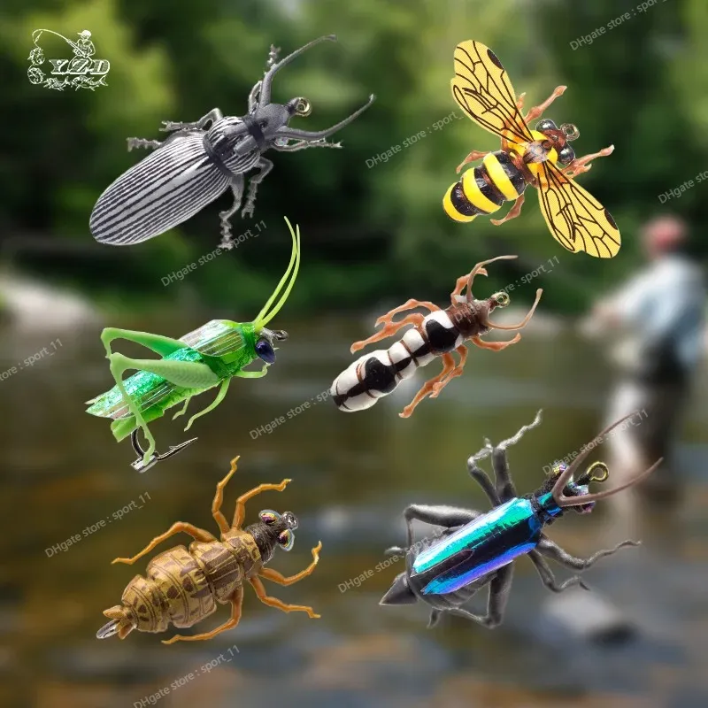 Muchowe muchowe muchy Zestaw 6pcs Bumble Bee Grasshopper Chub Beetle Suche Muchy Realistyczna przynęta owadów do piketrout przynęty latanie Łowiski Przynęty