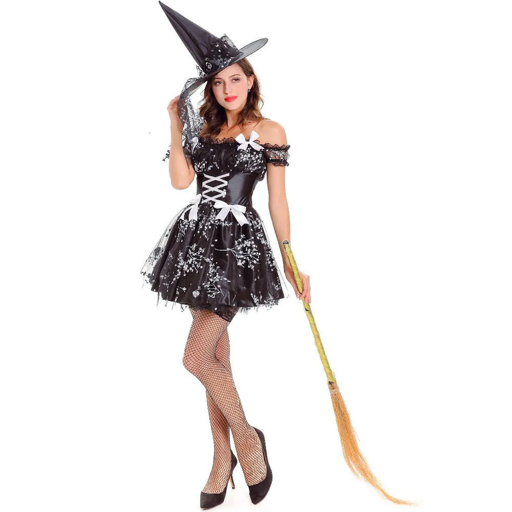 Halloween Fancy Fantasia Costumi Cosplay infantili Adutl Donna Costume da strega in pizzo nero per vestiti per ragazze C67K1008