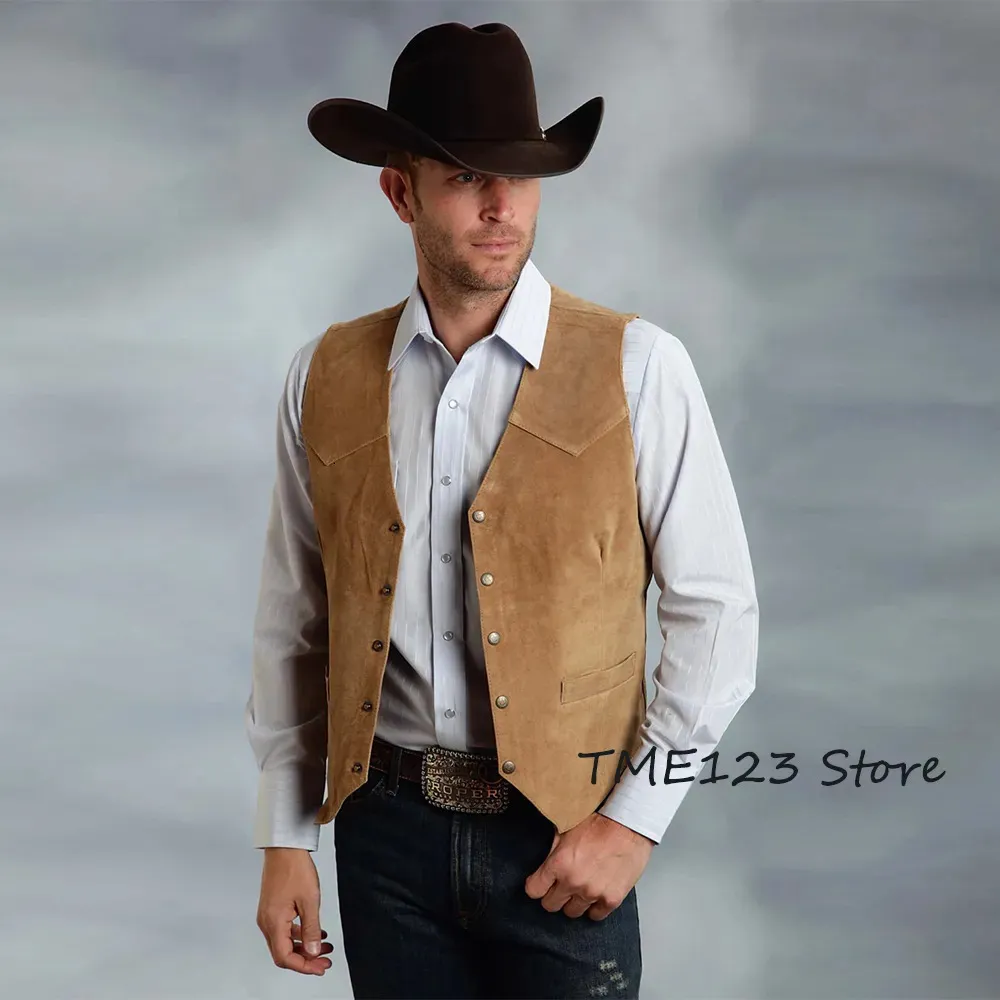 Coletes masculinos camurça magro ajuste único breasted colete casual ocidental denim 5 botões moda roupas clássicas entrega rápida 231031