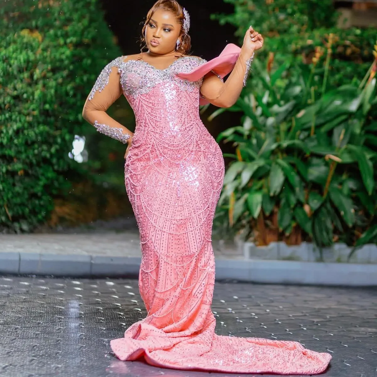 Oct Prom Arabic Mermaid Pink Pink Sparkly Prom Dress With Crystals And Beaded ...