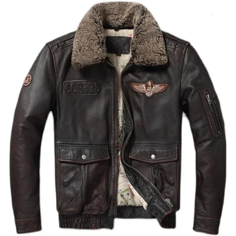 Men's Leather Faux Vintage Genuine Jacket Men Flight Jackets Natural Fur Collar Aviation Bomber Coats Mens Motorcycle Biker 231031