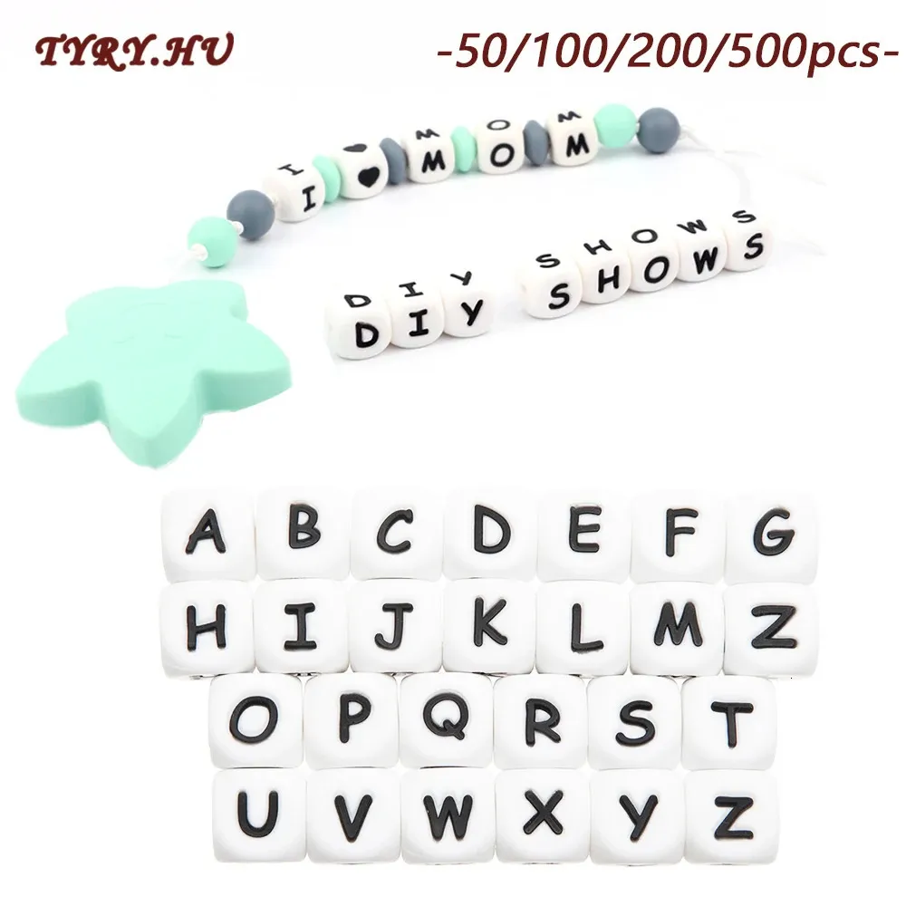 Titulares de chupeta clipes # TYRYHU 50100500pcs letra de silicone contas coloridas alfabeto inglês mastigando diy bebê dentição brinquedos pingente 12mm 231031