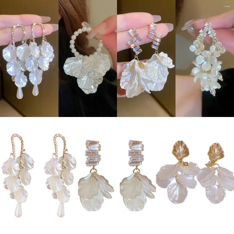 Boucles d'oreilles pendantes pour femmes, longue coquille, pompon, fausse perle, Zircon, strass, pétale de fleur, goutte, bijoux féeriques de mariage