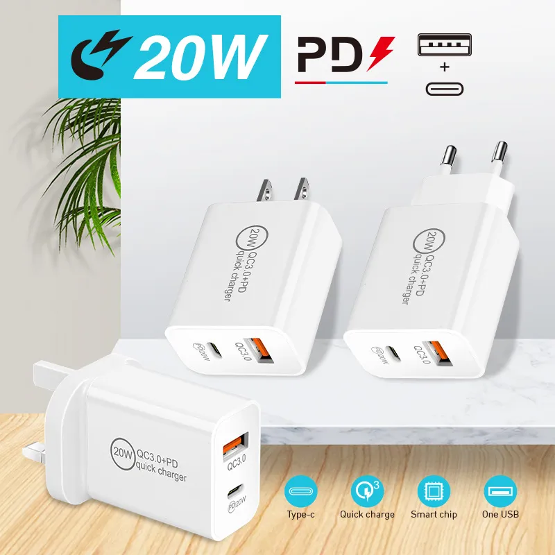 PD 18W Home Charger 5V 3A EU US UK Standard Type-c QC3.0 Dual Port Fast Charging Adapter Charging Plug