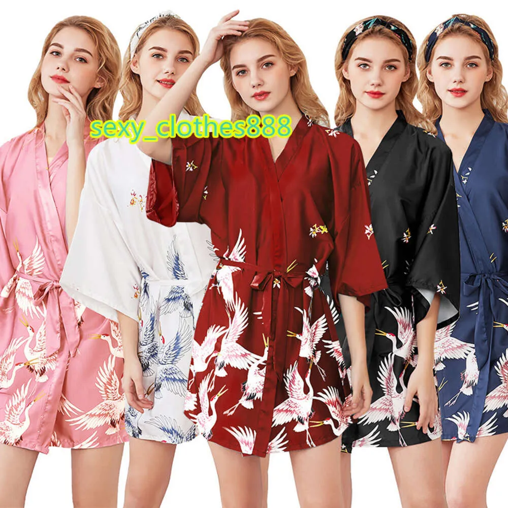 Ice Silk Crane Pyjamas Women Summer Silk Bridal Dressing Gown Plus Size Home Night Glowns Bathrobe Wholesale AG1826