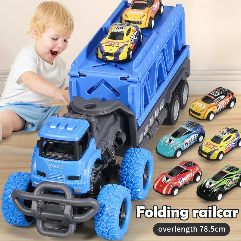 Diecast Model Deformable Rail Car Ejektion Folding Big Truck Toys for Kids Container Transporter Playset Children Gift 231031