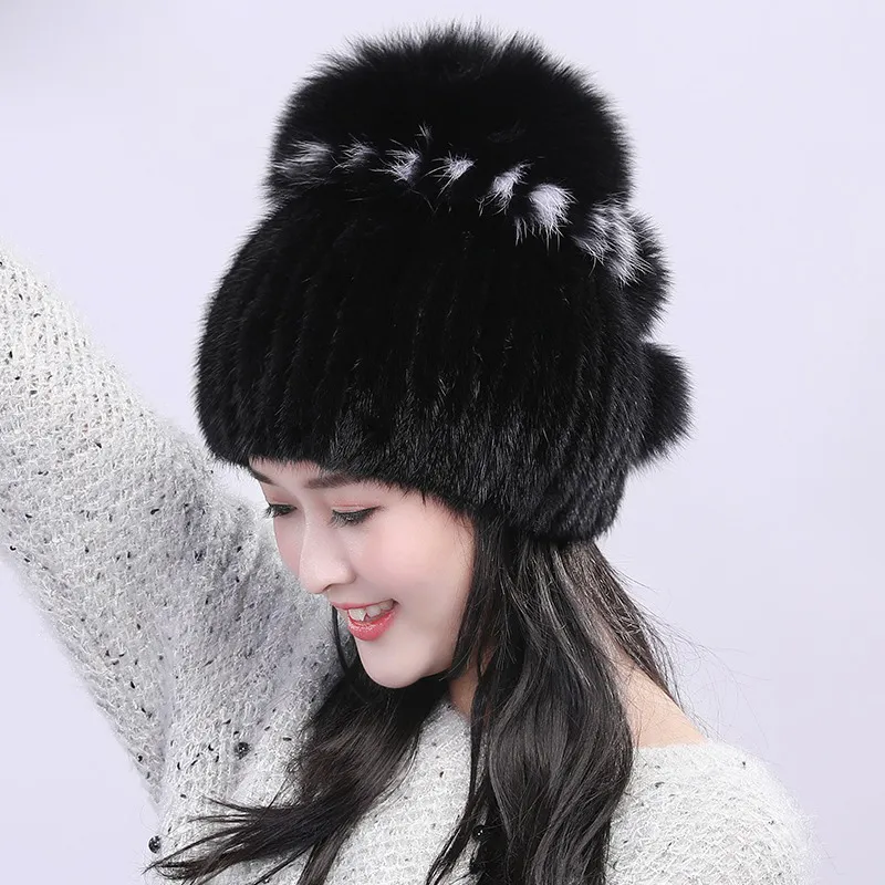 Women's Real Mink Fur Hat Knitted Cap Beanie Winter Warm Outdoor Skull Hat W Fox Ball Pompom