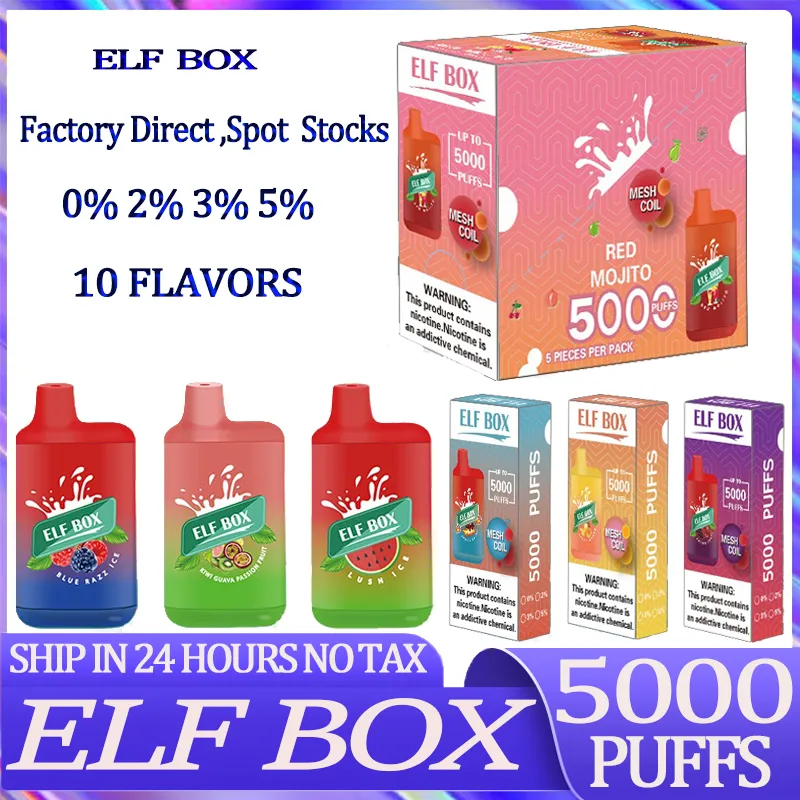 Original ELF BOX 5000 Puff Disposable E Cigarettes 0.8ohm Mesh Coil 12ml Pod Battery Rechargeable Electronic Cigs Puff 5K 0% 2% 3% 5% Vape Bar Pen Kit