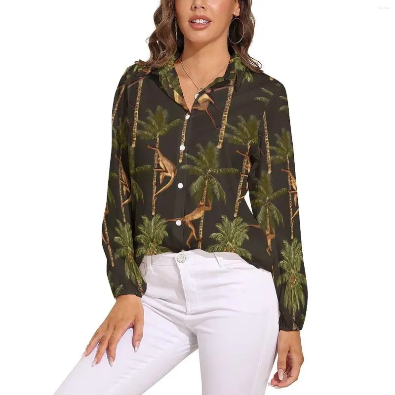 Женские блузки, блузка с принтом обезьяны, пальмы, кавайный узор, женская повседневная рубашка с длинным рукавом, осенний топ большого размера
