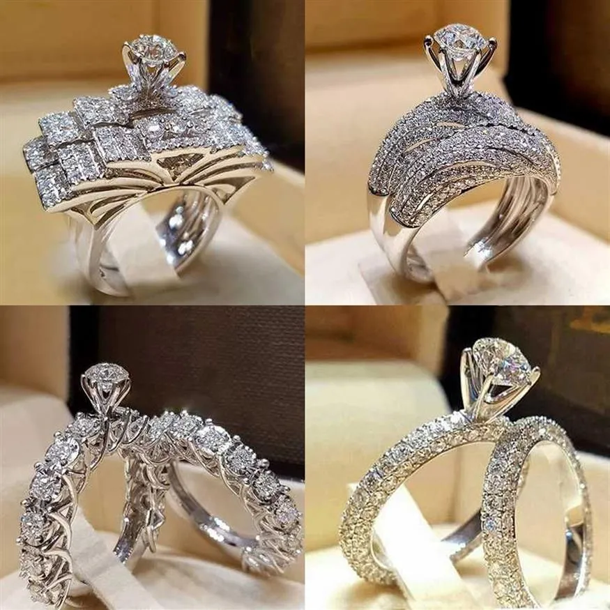 Wedding Rings 2Pcs Bridal Set Elegant For Women Shiny Cubiz Zircon Female Ring White Gold Color Engagement Fashion Jewelry191W