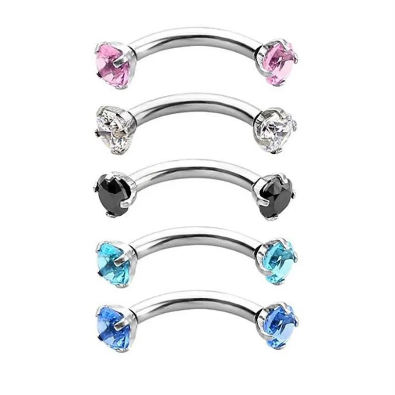 Curved Eyebrow Ring Clear CZ Gem 3mm Round Zircon Internally Threaded Nail Stainless Steel Bending Body Jewelry 16G hip hop207i