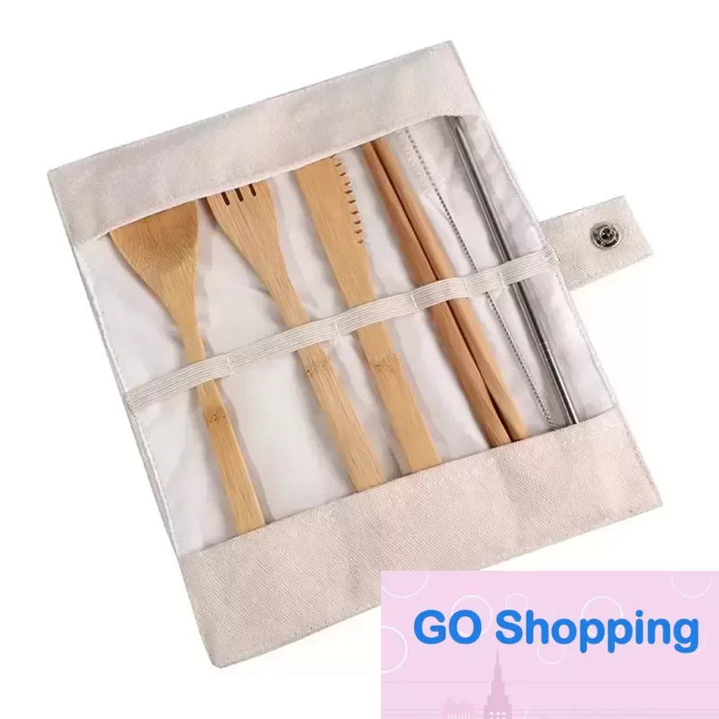 Set di stoviglie in legno Cucchiaino di bambù Forchetta Coltello da zuppa Set di posate per catering con borsa di stoffa Utensili da cucina Utensili semplici