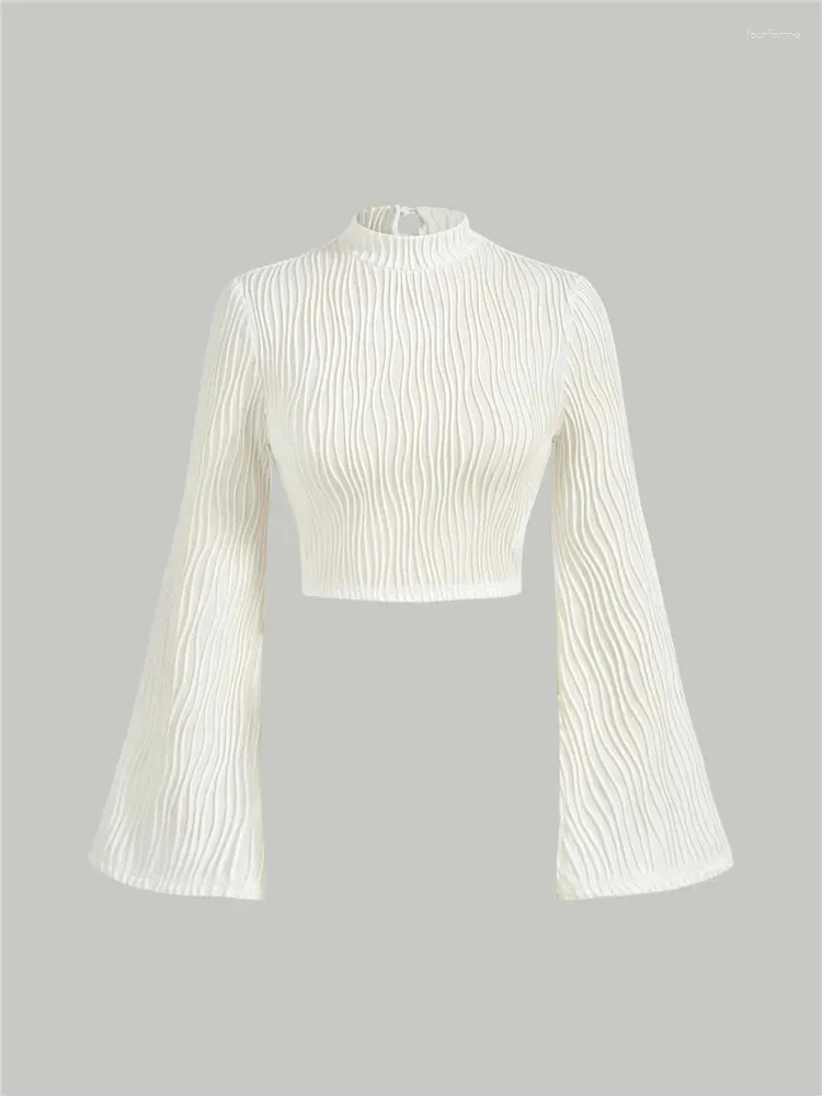 Женские футболки, элегантный укороченный топ с расклешенными рукавами и воротником-стойкой, весенняя однотонная белая длинная рубашка в консервативном стиле, уличная одежда 2023 Y2K