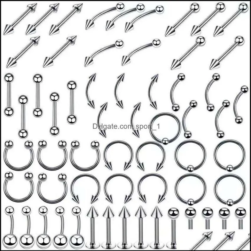 Jewelrystainless Steel Set Tongue Rings Body Piercing Eyebrow Belly Nose Nail Jewelry Aessories 120 Mixes Whole Drop Delivery 221L