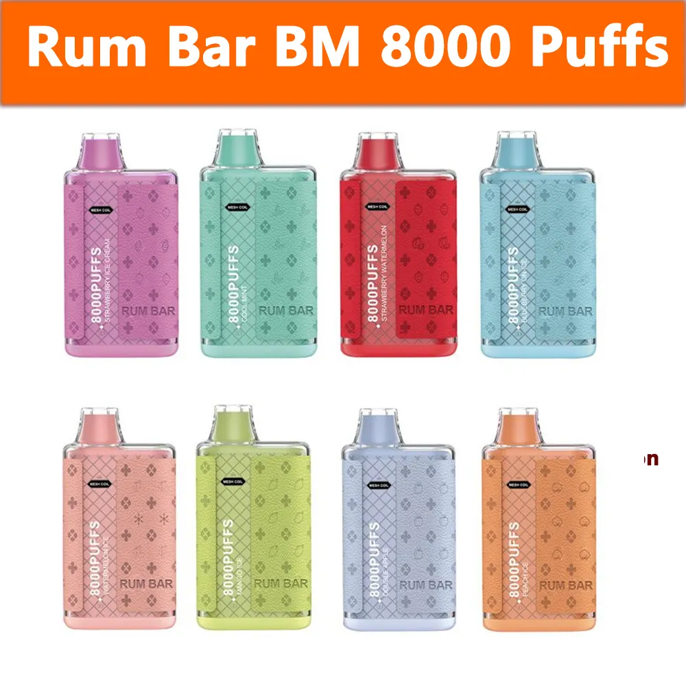 Rum Bar BM 8000 Puflar Tek Kullanımlık Vape E Cigarrete Cihaz 18ml Mesh Bobin Hava Akışı Ayarlanabilir C Tip C Tip 600mAh Pil Deri Yama Tasarım Modları