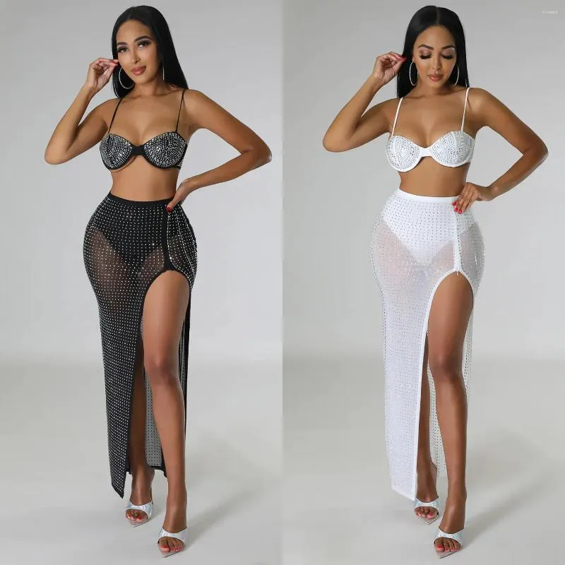 Two Piece Dress High Waist 2 Bikini Set With Cover Up 2023 Swimsuit Women Print Sleeveless Bathing Suit Beachwear Swimming