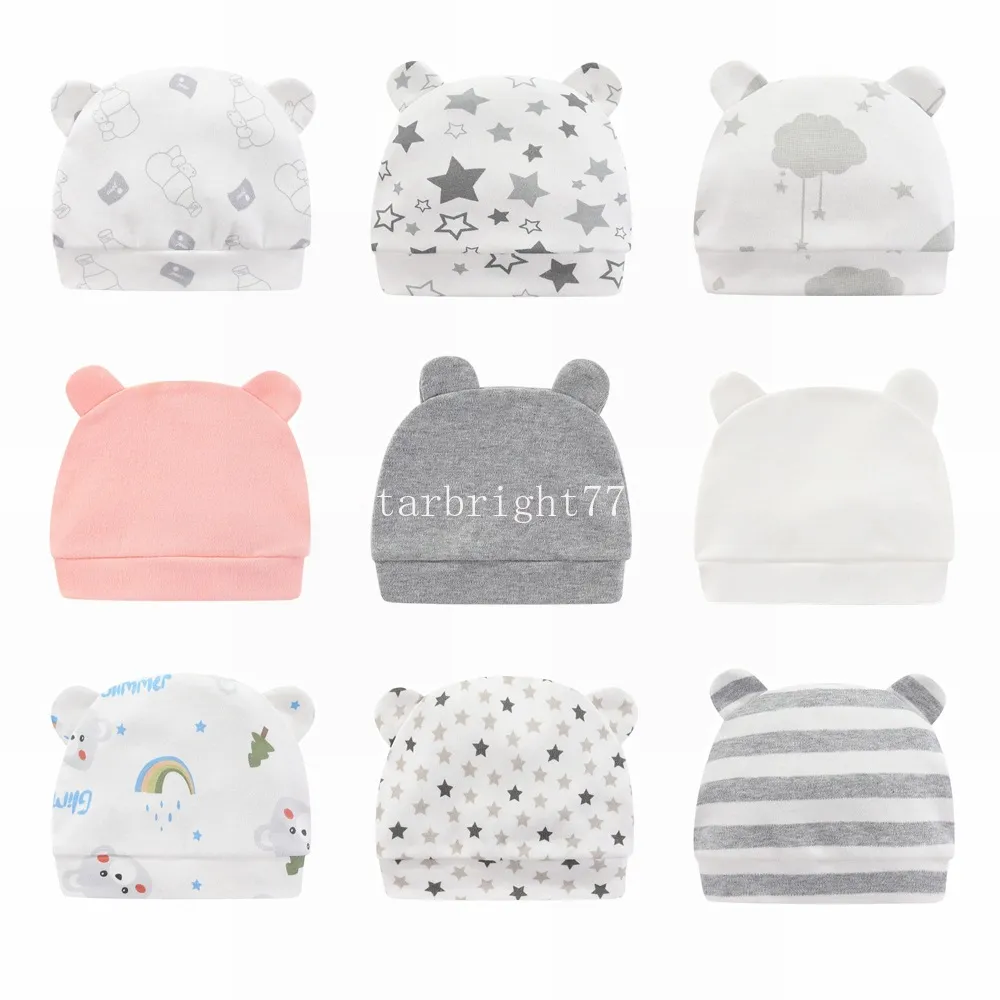 Bonnet en coton pour nouveau-né de 0 à 3 mois, Bonnet d'oreille d'ours mignon pour bébé, couvre-chef Turban, chapeau doux et solide imprimé étoile, chapeau blanc pour bébés