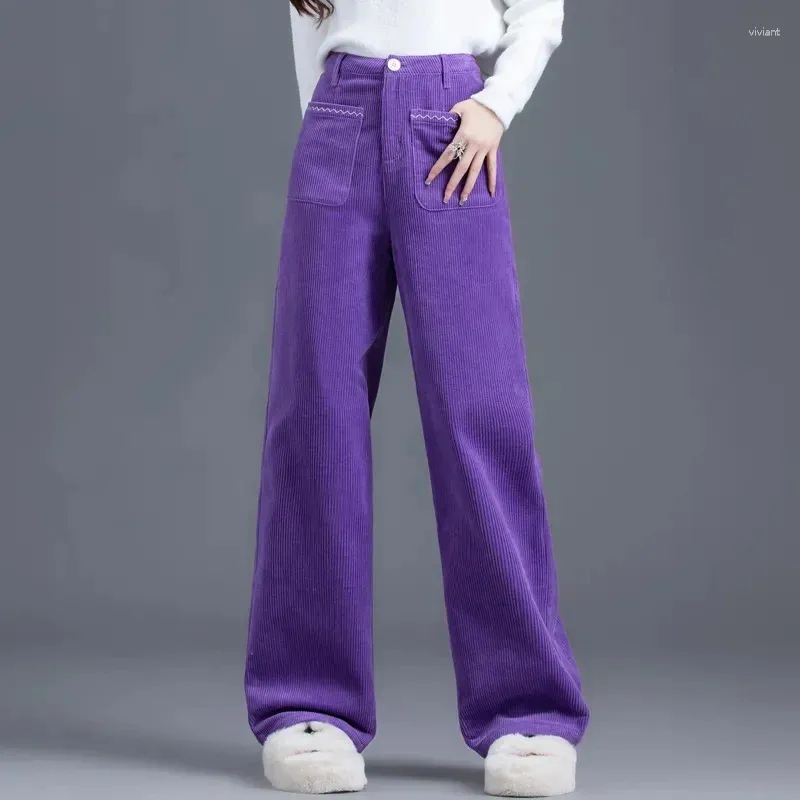 Straight Leg Pants Ladies Corduroy Pants Elastic Waist Straight