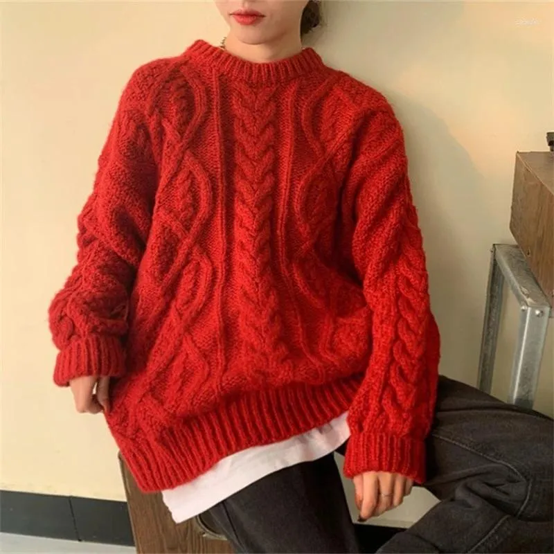Maglioni da donna Maglione invernale rosso Pullover vintage caldo lavorato a maglia con scollo a O da donna Abiti eleganti e morbidi di base Maglieria moda femminile