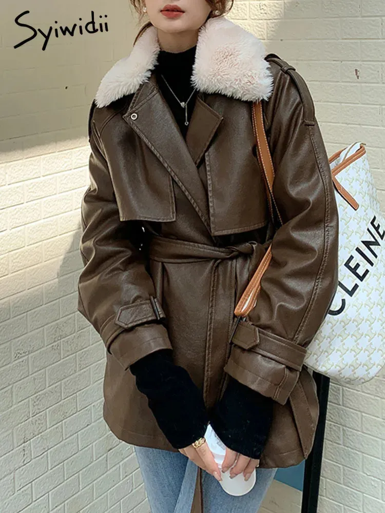 Frauen Pelz Faux Syiwidii Leder Mantel Winter Jacke Frauen Herbst Lamm Wolle Warme Lokomotive mit Schärpen Koreanische Mode PU outwear 231031