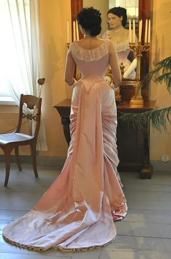 Victorian Pink Pink lace corset Prom Dress with Bustle Straps - Vintage Satin Walk Costume for Women's Masquerade Party Victorian Pink Pink lace corset Prom Dress with Bustle Straps - Vintage Satin Walk Costume for Women's Masquerade Party