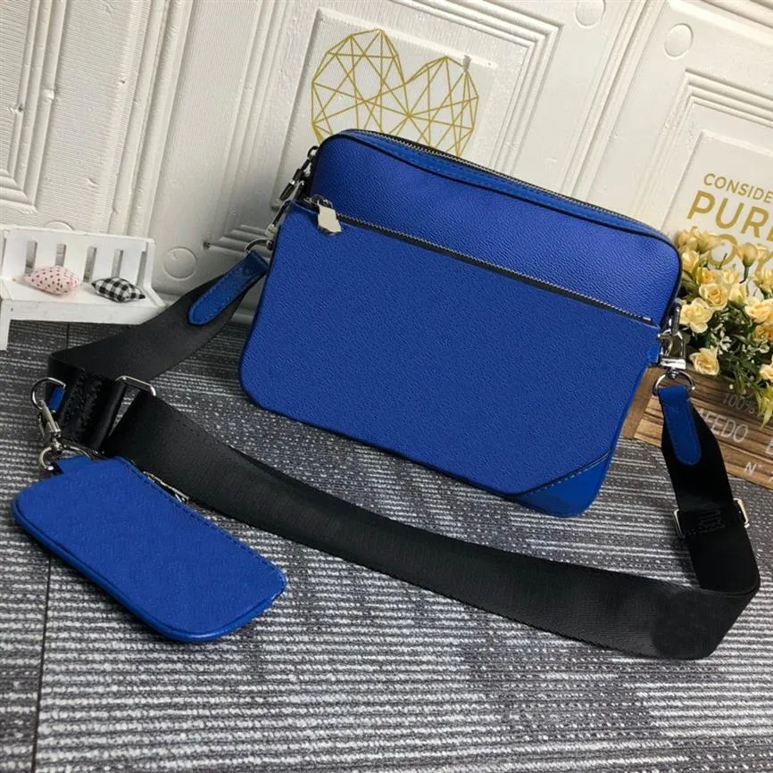 럭셔리 디자이너 트리오 가방 l 새로운 컬러 블루 남자 3 피스 가방 메신저 경사를위한 작은 우체맨 가방 Fashi251s