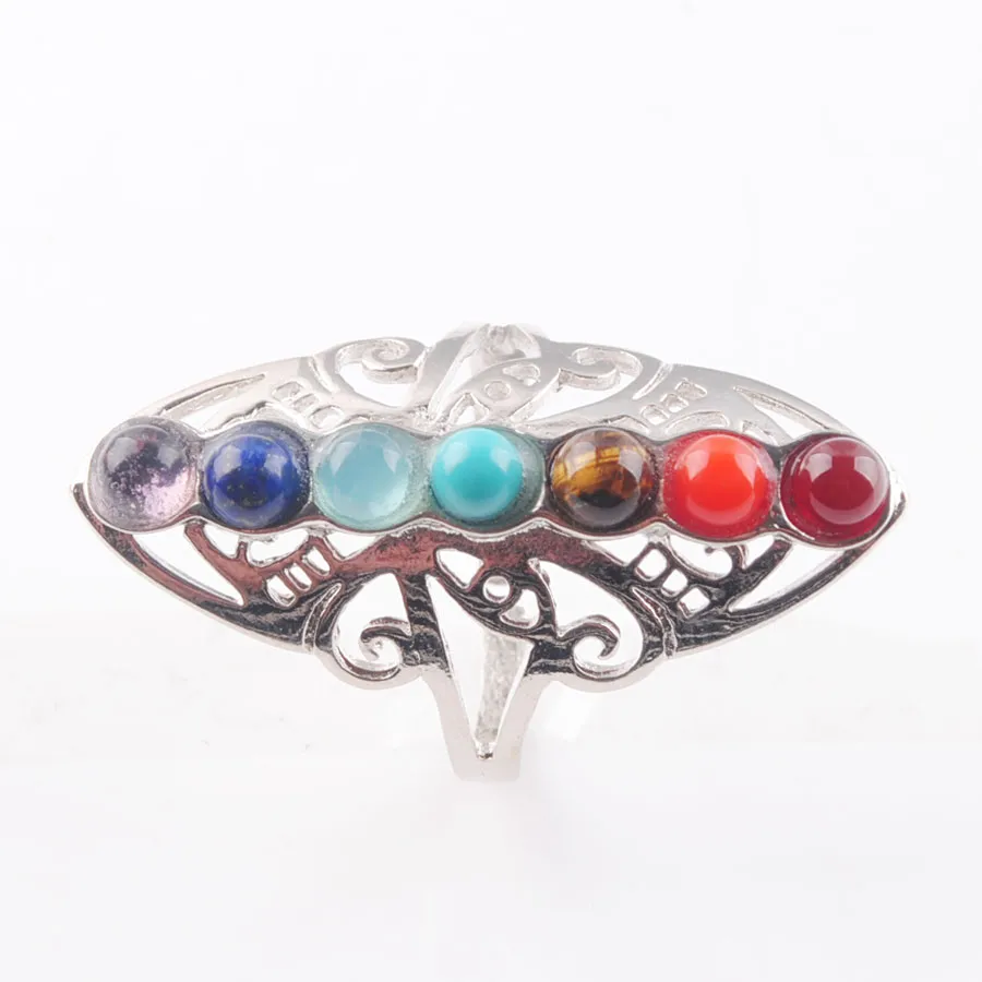 7 Chakra guérison Reiki perles de pierre naturelle arc-en-ciel fleur anneaux réglables pour les femmes bague de doigt bijoux de mode X3009