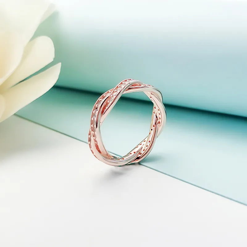 Rose Gold Sparkling Twisted Lines Ring for Women Girls Wedding Gift Jewelry For pandora 925 Sterling Silver engagement Rings with Original Box