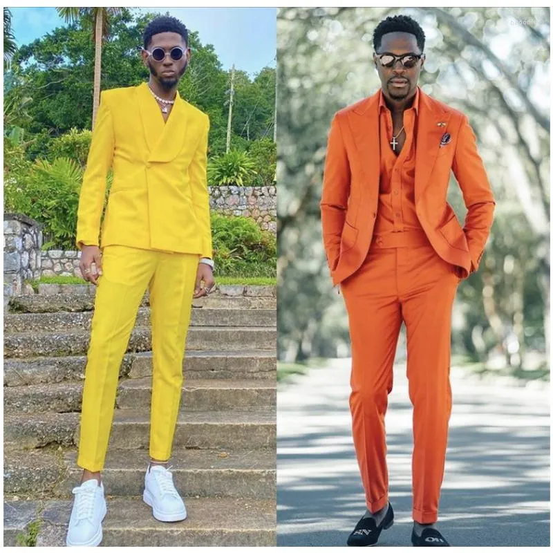 Erkekler Afrika sokak kıyafeti sarı turuncu erkekler damat düğün smokin ince fit ballı balo blazer pantolonlar terno maskulino 2pcs ceket pantolon
