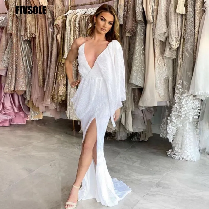 Abito da sposa Fivsole Principessa Abiti con scollo a V Spacco sulle gambe Abiti da sposa Senza maniche Paillettes scintillanti Dubai Sposa Abiti da Noiva