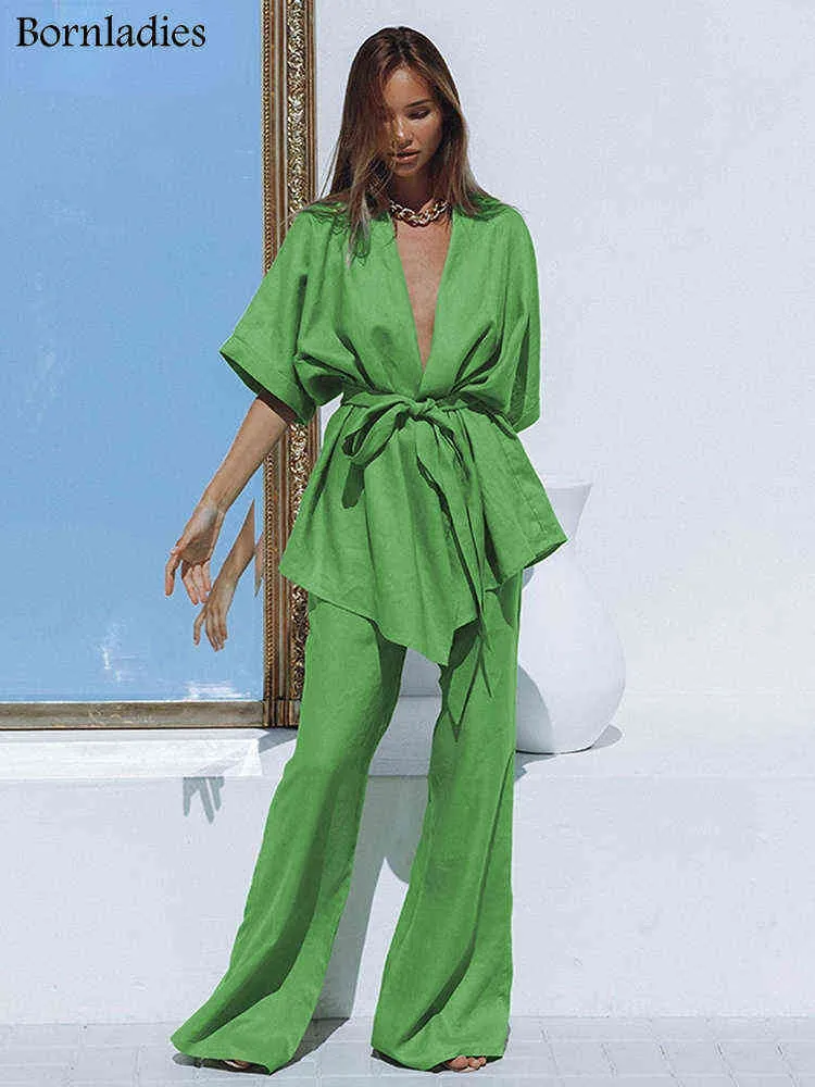 Women's Tracksuits Bornladies Green Cotton Vacation Trousers Suits Casual 2 Pieces Suits Half Sleeves Wrap Shirts and Wide Leg Pants Summer Outfits T220827 T220830