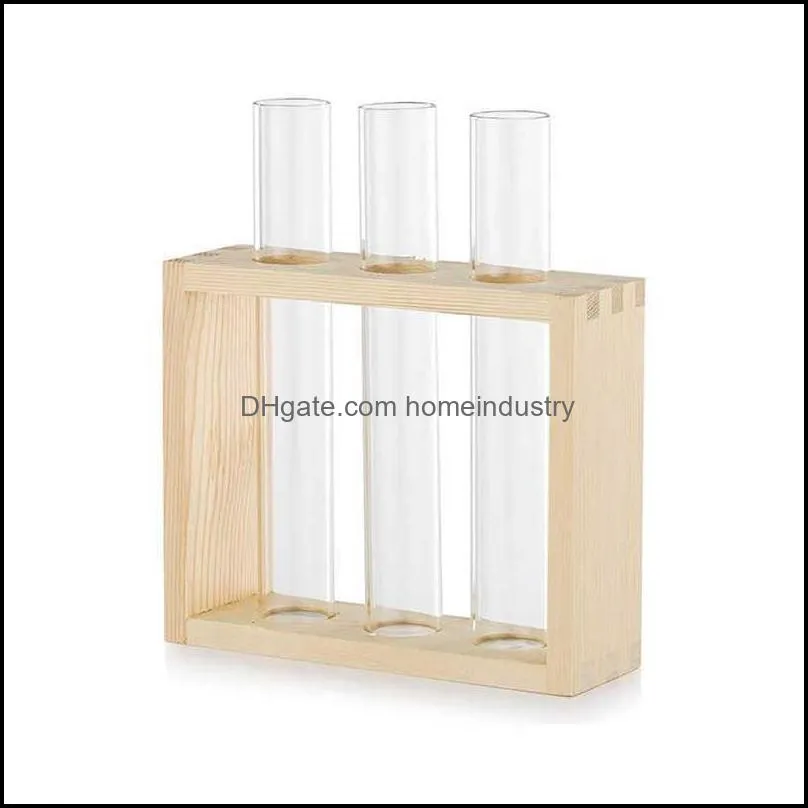 Vasos Vintage Wood Stand Rack com tube de tubo de vidro Tabletop Flower Vaso Terrarium para propaga￧￣o de plantas hidroponias dhd3u